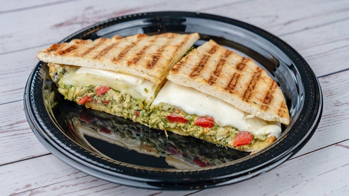 The Italiano panini with grilled chicken, roasted peppers, mozzarella and pesto